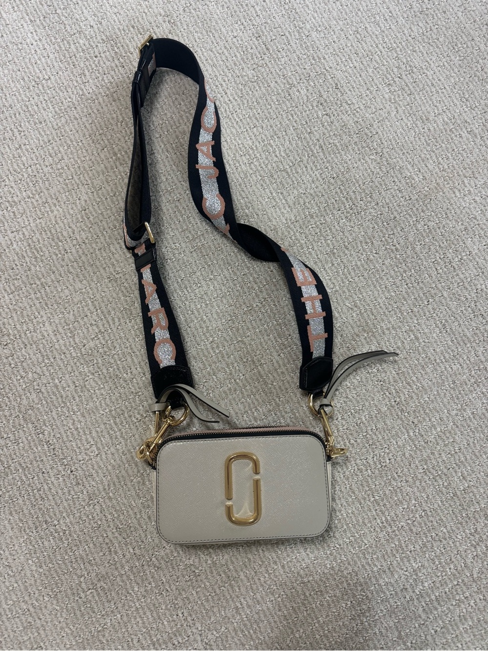 Marc Jacobs Beige Snapshot Crossbody with Black Logo Strap